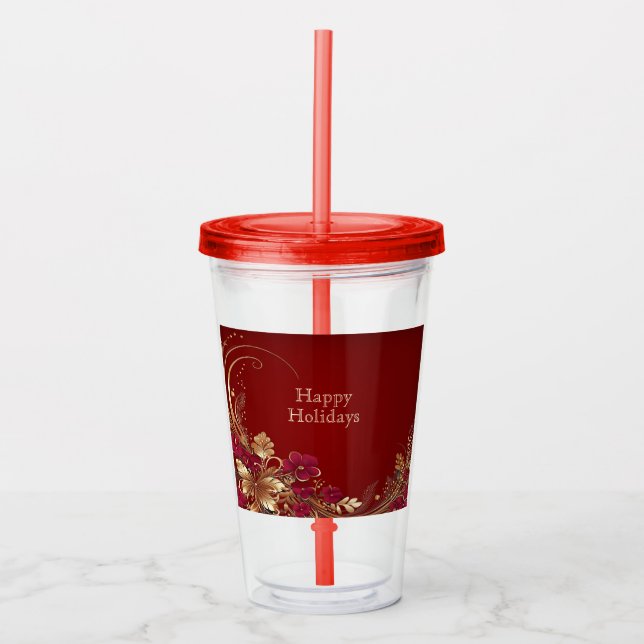 Red Gold Floral Holiday Acrylic Tumbler (Front)