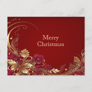 Red Gold Floral Holiday Christmas Postcard