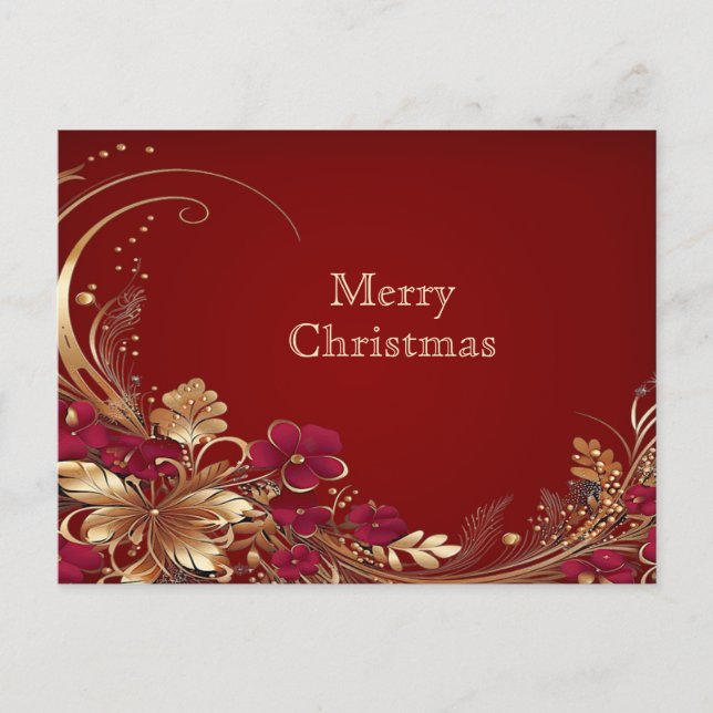 Red Gold Floral Holiday Christmas Postcard (Front)