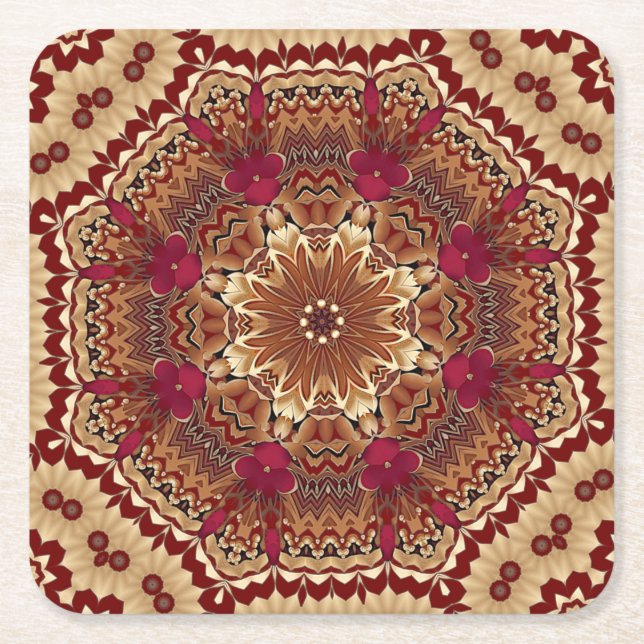 Red Gold Floral Holiday Paper Coaster (Front)