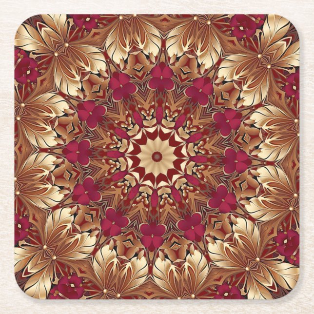 Red Gold Floral Holiday Paper Coaster (Front)