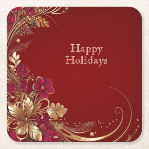 Red Gold Floral Holiday Paper Coaster