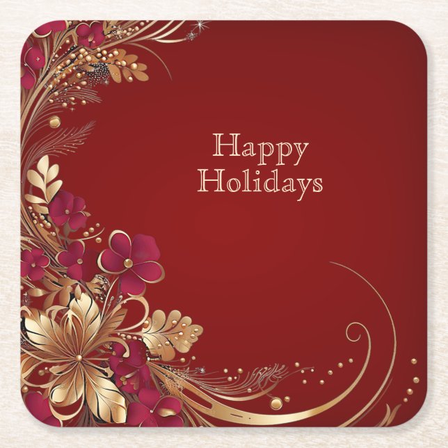 Red Gold Floral Holiday Paper Coaster (Front)