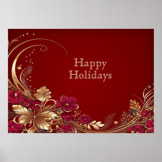 Red Gold Floral Holiday Poster (Front)