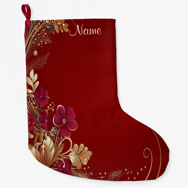 Red Gold Floral Holiday Stocking (Front)