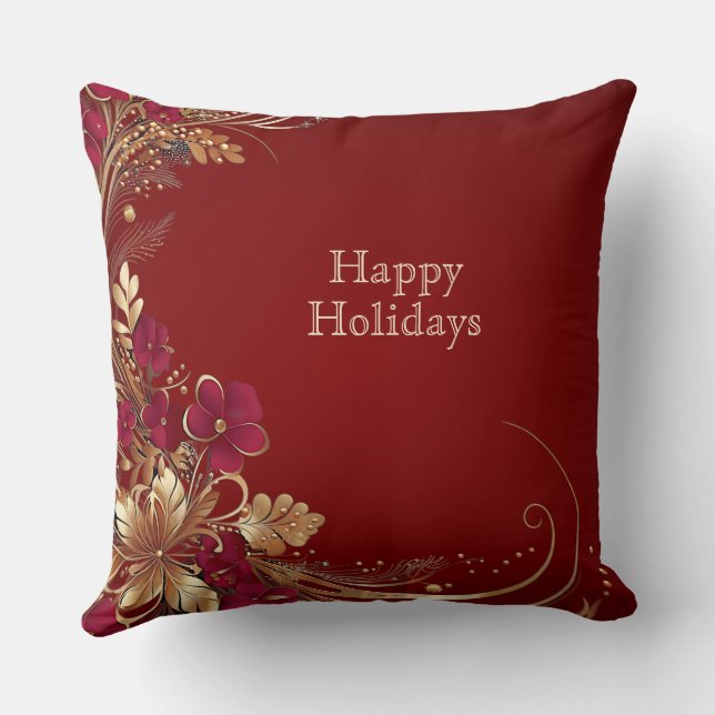 Red Gold Floral Holiday Throw Pillow (Back)