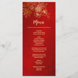 Red Gold Floral Line Art Chinese Wedding Menu