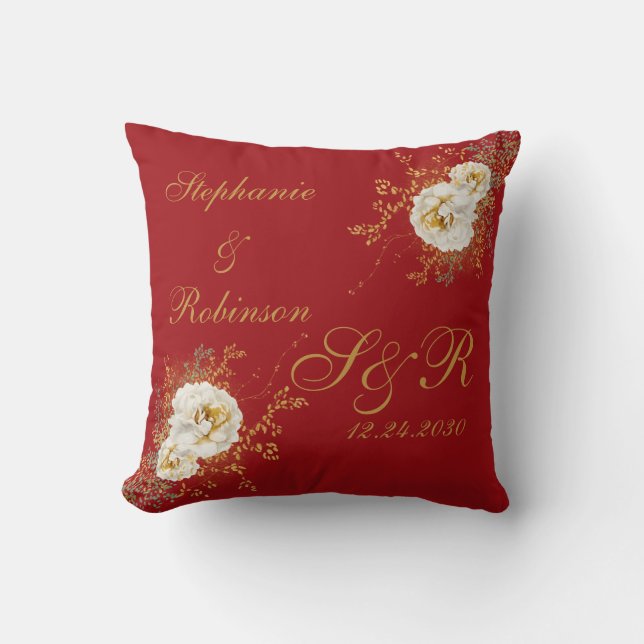 Red Gold Floral Monogram Logo Wedding  Cushion (Front)