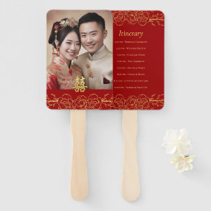 Red gold floral photo Chinese wedding program Hand Fan