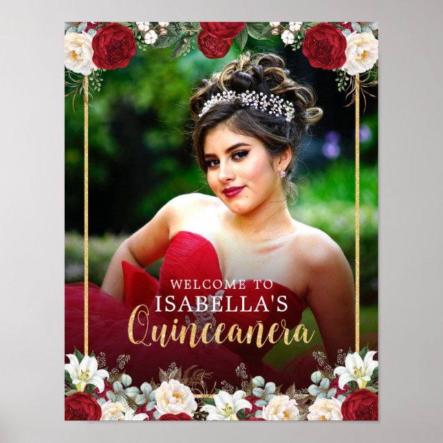 Red Gold Floral Photo Quinceañera Welcome Sign (Front)