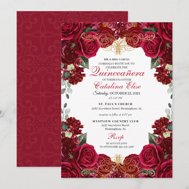 Red & Gold Floral Quinceanera Birthday  Invitation (Front/Back)