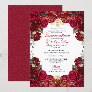 Red & Gold Floral Quinceanera Birthday Invitation