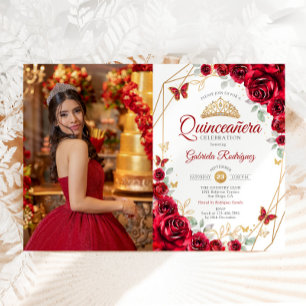 Red Gold Floral Quinceanera Photo Invitation