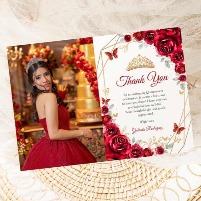 Red Gold Floral Quinceanera Photo Thank You Card (Creator Uploaded)