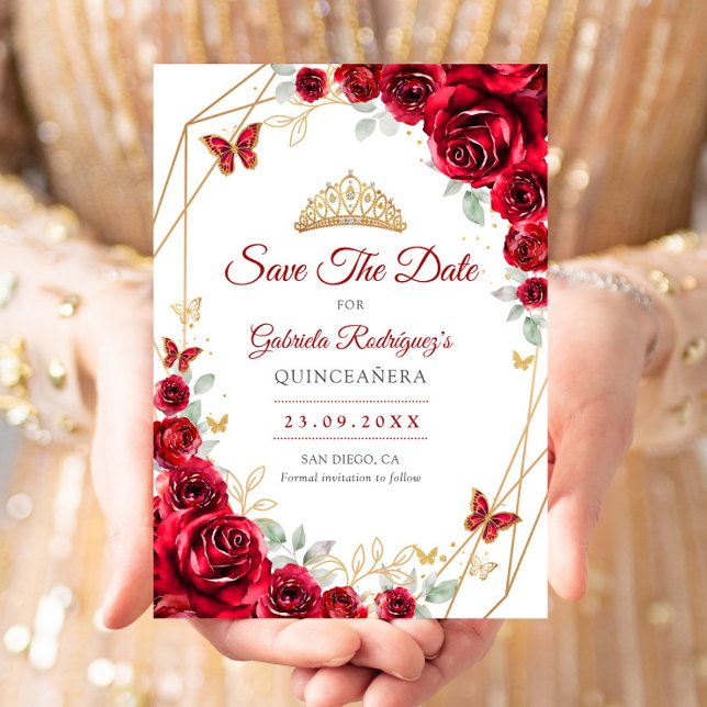 Red Gold Floral Quinceanera Save The Date (Creator Uploaded)