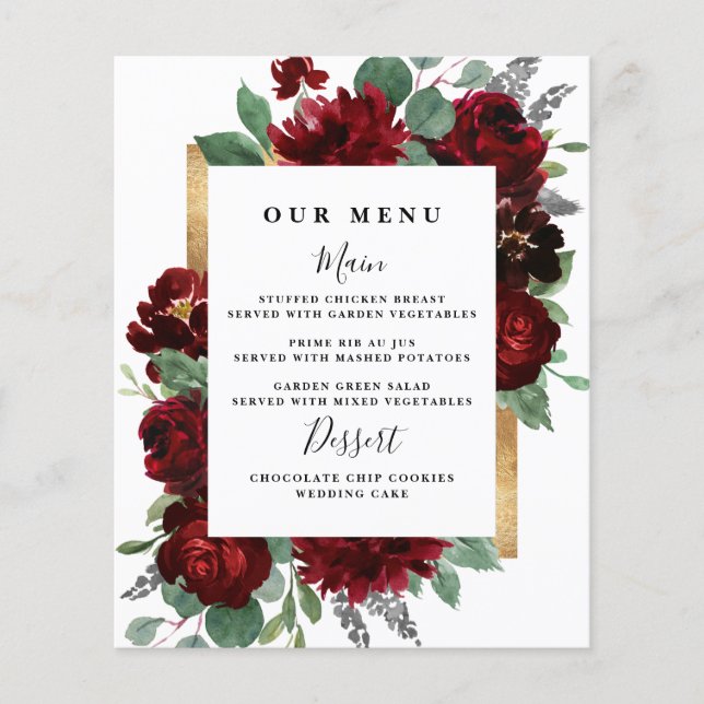 Red Gold Floral Rustic Elegant White Wedding Menus (Front)