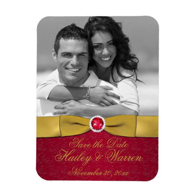 Red, Gold Floral Save the Date Photo Magnet (Vertical)