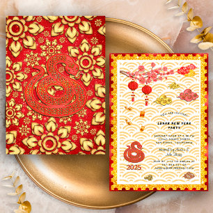 Red Gold Floral Snake 2025 Chinese New Year Party Invitation