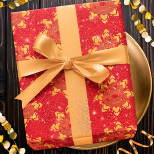 Red Gold Floral Snake 2025 Chinese New Year Zodiac Wrapping Paper