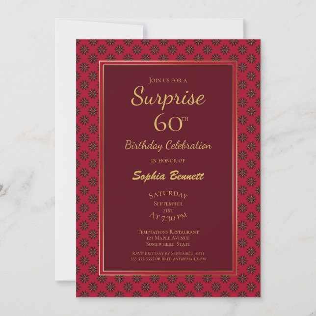 Red Gold Floral Surprise 60th Birthday Party Invitation (Front)