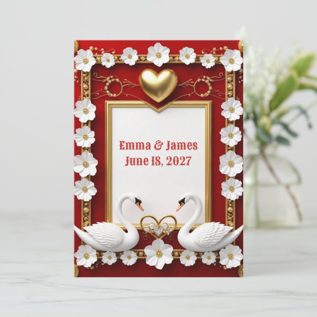 🌹 Red Gold Floral Swan Wedding Decor 🦢 Invitation (Standing Front)