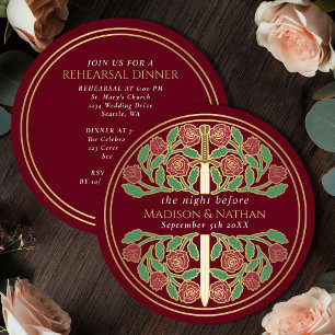 Red Gold Floral Sword Royal Wedding Rehearsal Invitation