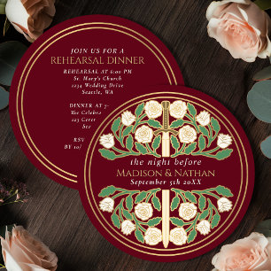 Red Gold Floral Sword Royal Wedding Rehearsal Invitation