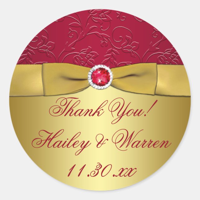 Red, Gold Floral Wedding Favour Thank You Sticker (Front)