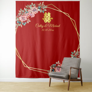 Red gold floral wreath Chinese wedding backdrop Tapestry