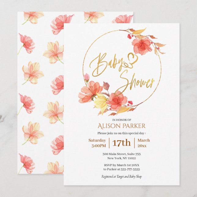 Red Gold Floral Wreath Watercolor Baby Shower Invitation (Front/Back)