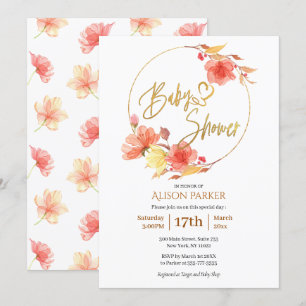 Red Gold Floral Wreath Watercolor Baby Shower Invitation