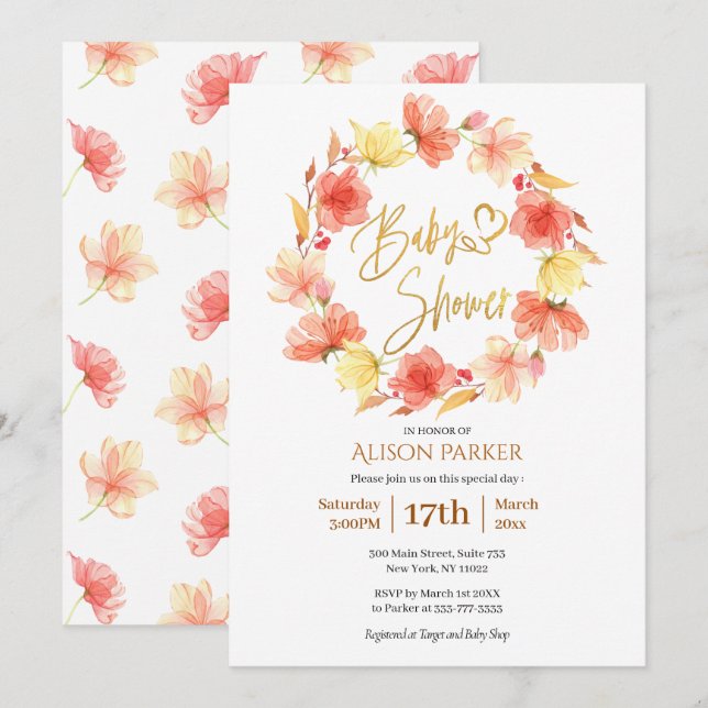 Red Gold Floral Wreath Watercolor Baby Shower Invitation (Front/Back)