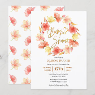 Red Gold Floral Wreath Watercolor Baby Shower Invitation
