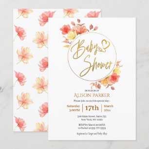 Red Gold Floral Wreath Watercolor Baby Shower Invitation