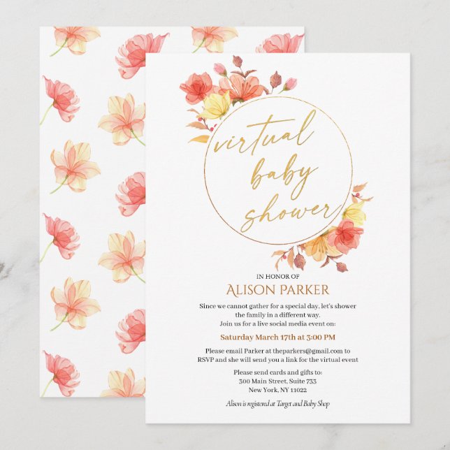 Red Gold Floral Wreath Watercolor Virtual Shower Invitation (Front/Back)