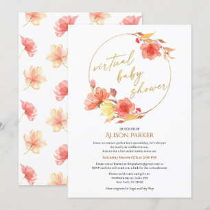 Red Gold Floral Wreath Watercolor Virtual Shower Invitation