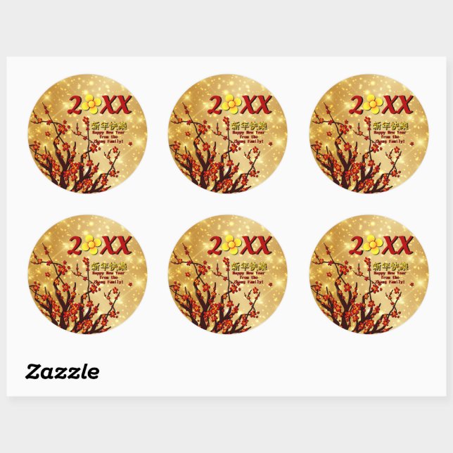 Red Gold Flowers Happy Chinese New Year 20XX   Classic Round Sticker (Sheet)