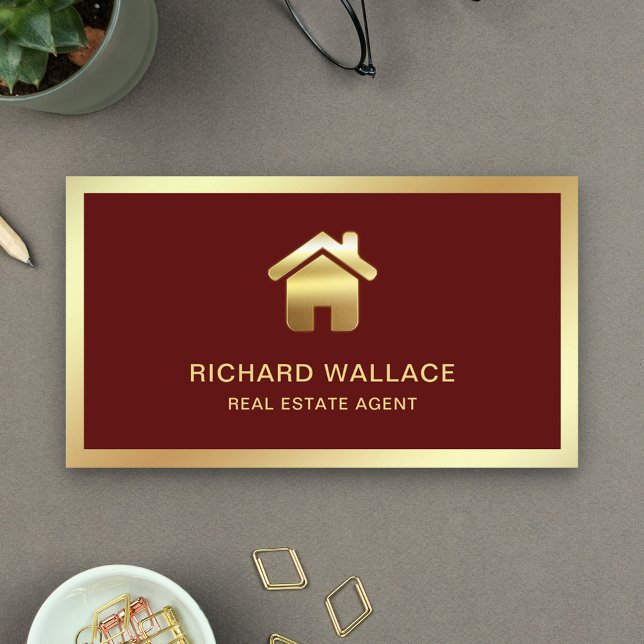 Red Gold Foil Home Logo Real Estate Agent Business Card (Creator Uploaded)