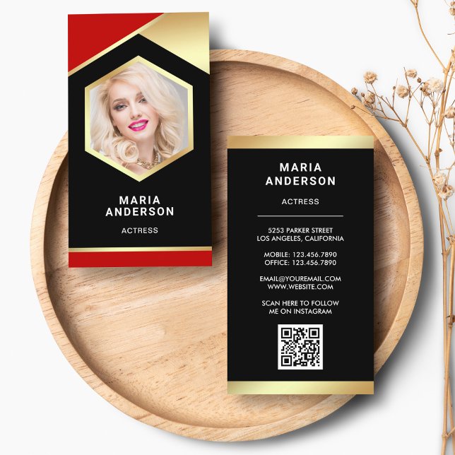 Red Gold Foil Model Actress QR Code Photo Business Card (Creator Uploaded)