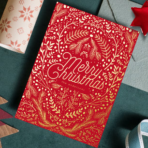 Red Gold Foliage & Berries Merry Christmas Foil Holiday Card