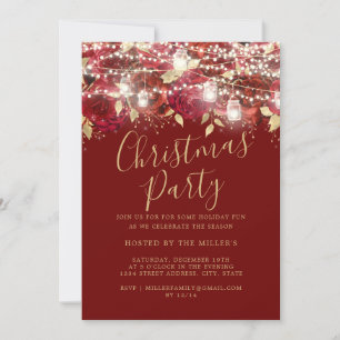 Red Gold Foliage Lights Christmas Party   Invitation