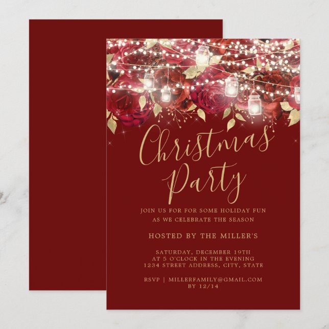 Red Gold Foliage Lights Christmas Party   Invitation (Front/Back)