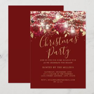 Red Gold Foliage Lights Christmas Party   Invitation
