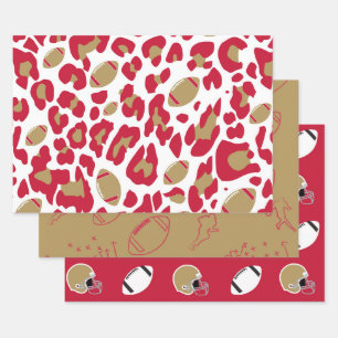 Red & Gold Football Leopard Print Game Day Pattern Wrapping Paper Sheet