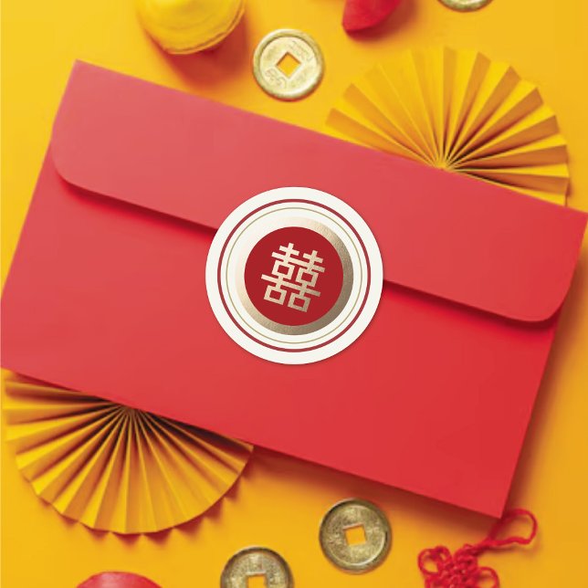Red & Gold Frame Double Happiness Chinese Wedding Classic Round Sticker (Red & Gold Frame Double Happiness Chinese Wedding Classic Round Sticker / Envelope Seal @ fatfatin)