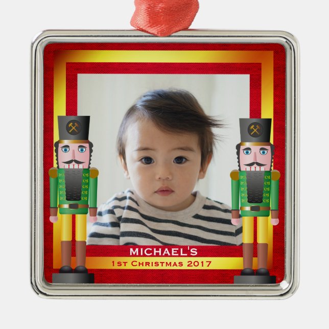 Red & Gold Frame & Nutcracker Baby's 1st Christmas Metal Tree Decoration (Front)