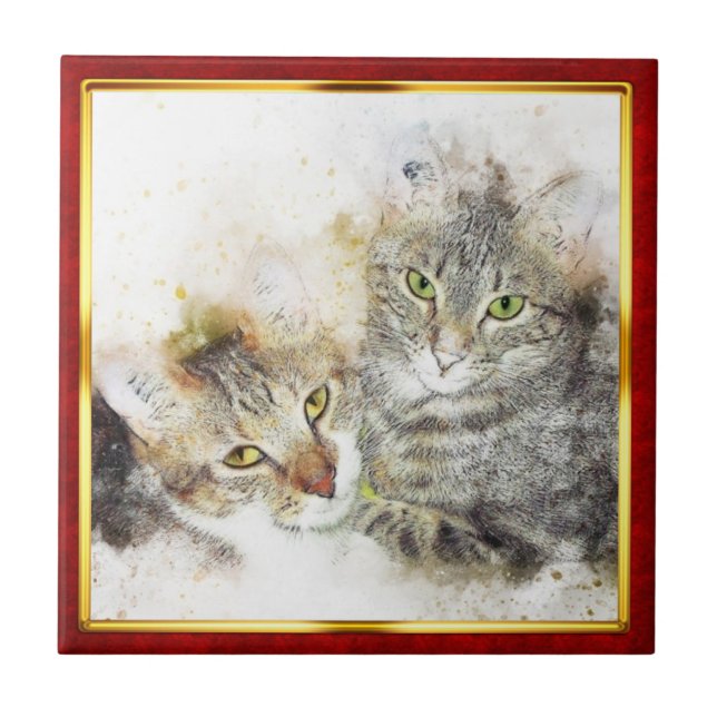 Red & Gold Framed Abstract Cat Print Tile (Front)
