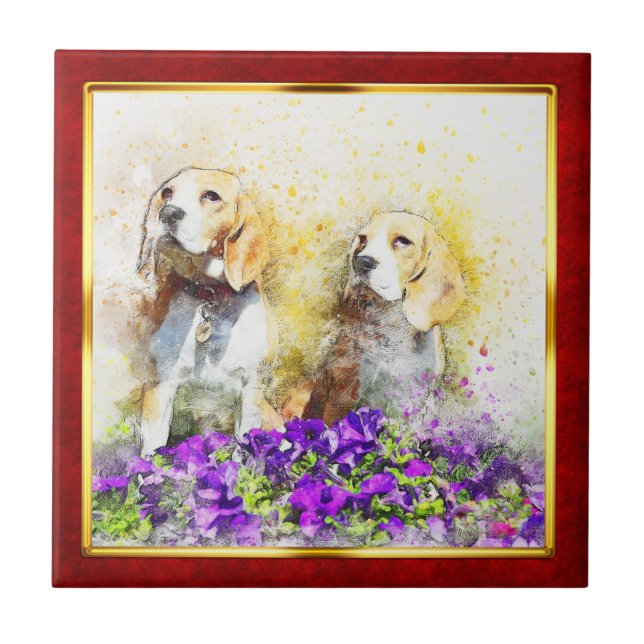 Red & Gold Framed Abstract Dog Print Tile (Front)