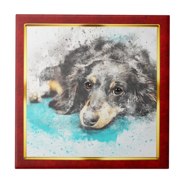Red & Gold Framed Abstract Dog Print Tile (Front)