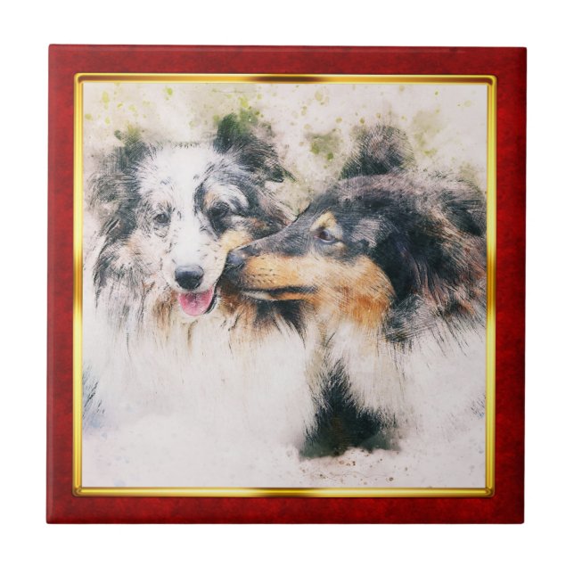 Red & Gold Framed Abstract Dog Print Tile (Front)